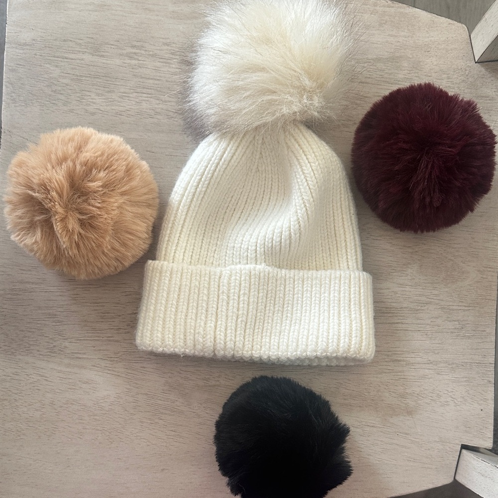 Cream Pom Beanie with Detachable Faux Fur Poms